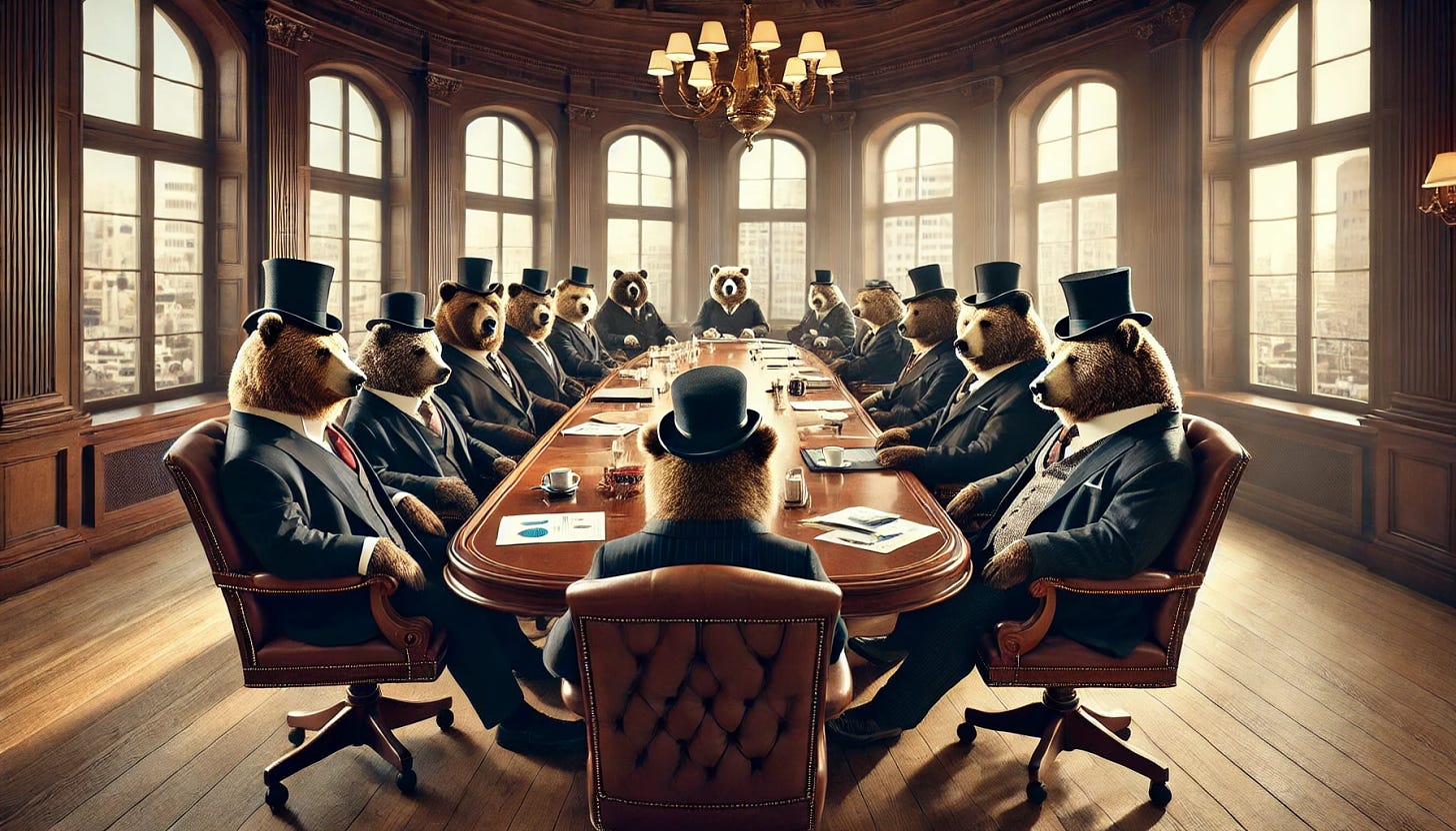 A boardroom filled with bears, each wearing top hats. The scene shows a formal, sophisticated meeting, with large bears seated around a polished wooden table, some holding papers or looking at charts. The bears are dressed in suits, with their top hats perched on their heads. The atmosphere is serious yet charming, as the bears resemble business professionals, sitting in leather chairs. The room is lit by a grand chandelier, and large windows in the background let in soft daylight, revealing a cityscape outside.