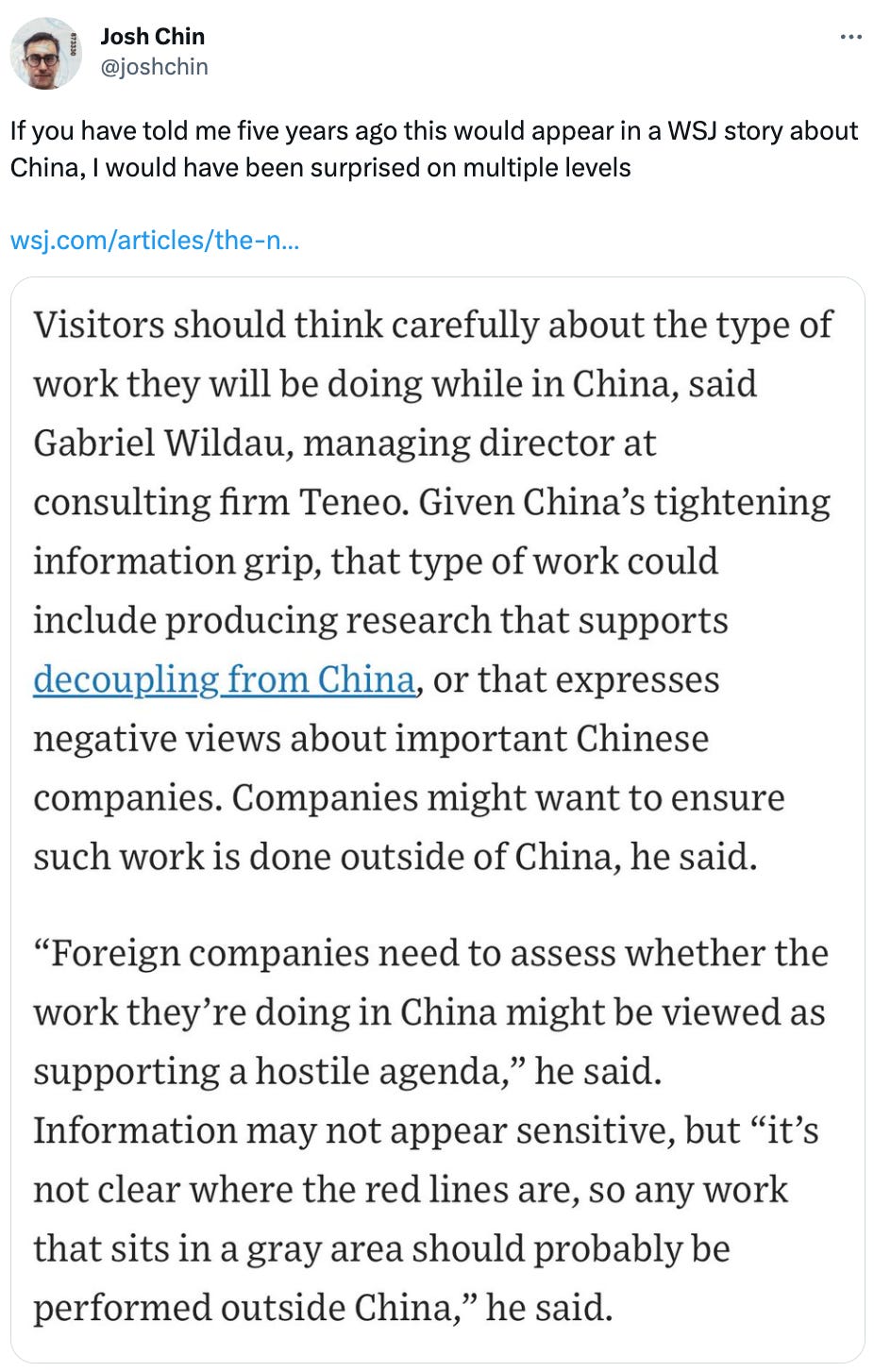  Josh Chin @joshchin If you have told me five years ago this would appear in a WSJ story about China, I would have been surprised on multiple levels   https://wsj.com/articles/the-new-rules-for-business-travel-to-china-f476f7b7
