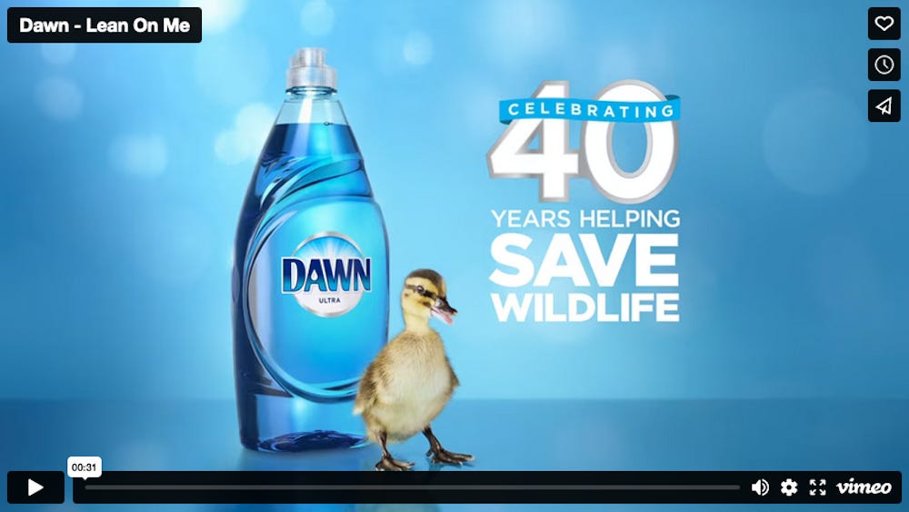Screen capture of Dawn dish soap commercial featuring a yellow duckling.