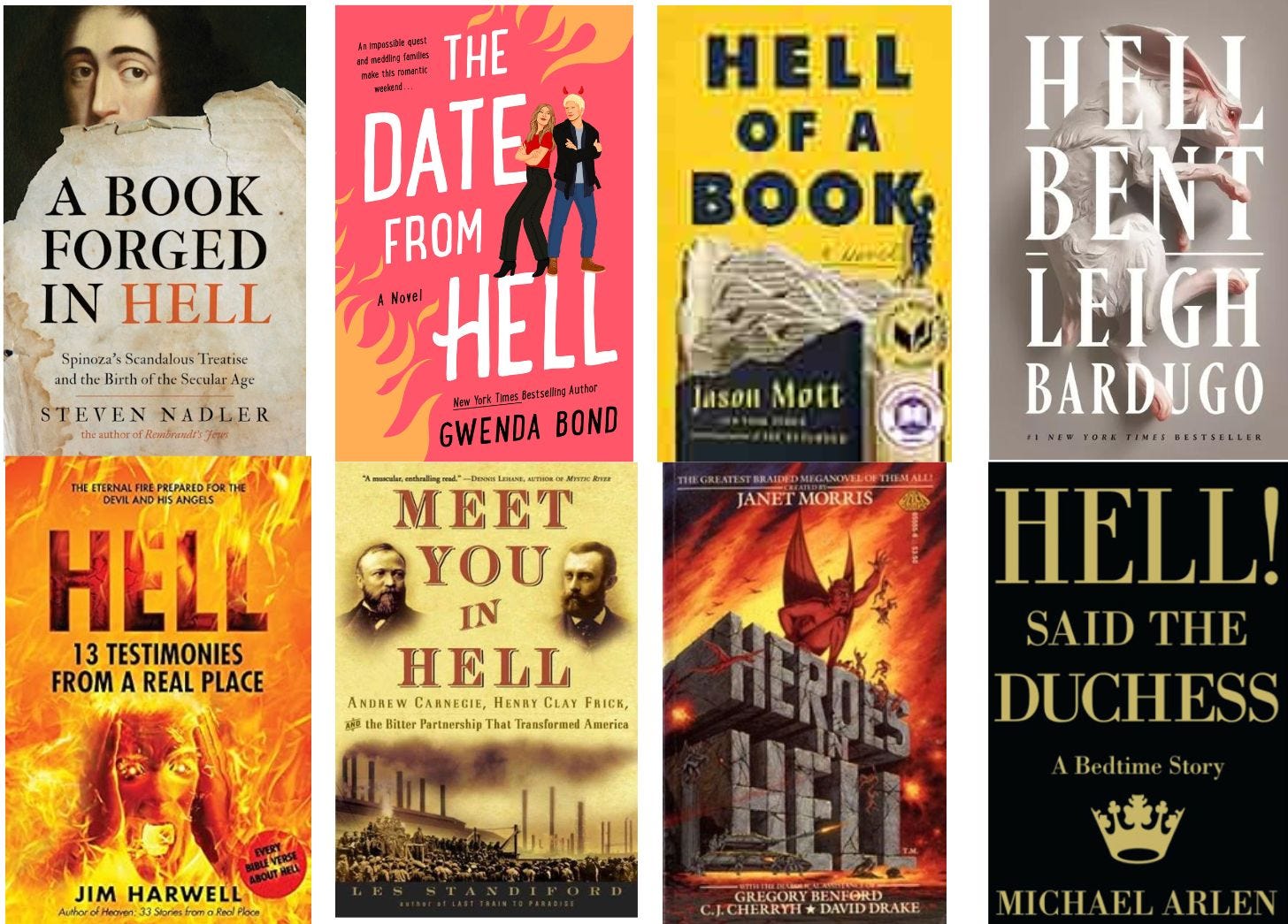 Covers of eight existing books with the word "Hell" in their title, including The Date from Hell, Hell Bent, and Hell of a Book.