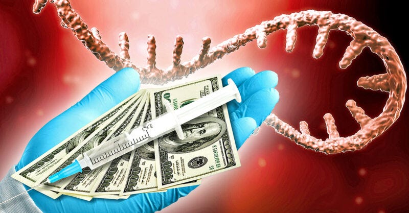 mrna strand and glove holding money and vaccine syringe