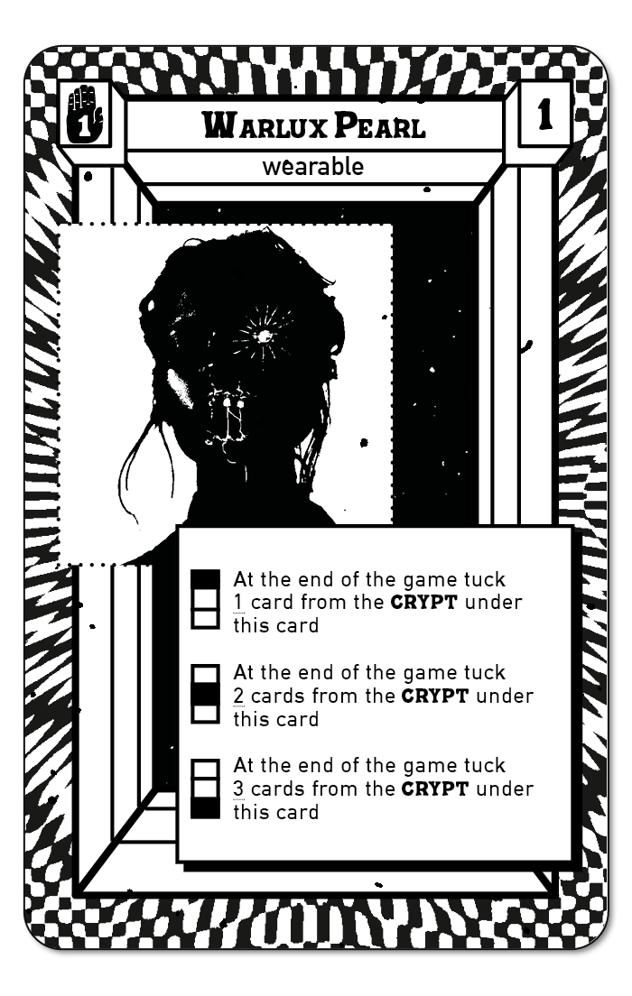 Early draft of a card featuring the title Warlux Pearl, two numbers (one in each top corner), a creepy stark black and white illustration of a silhouetted figure with a glowing orb in one eye socket and an open mouth with drool dangling off two gnarly teeth. A text box describes different effects next to three simple symbols. The card features a psychedelic border. The whole thing is black and white