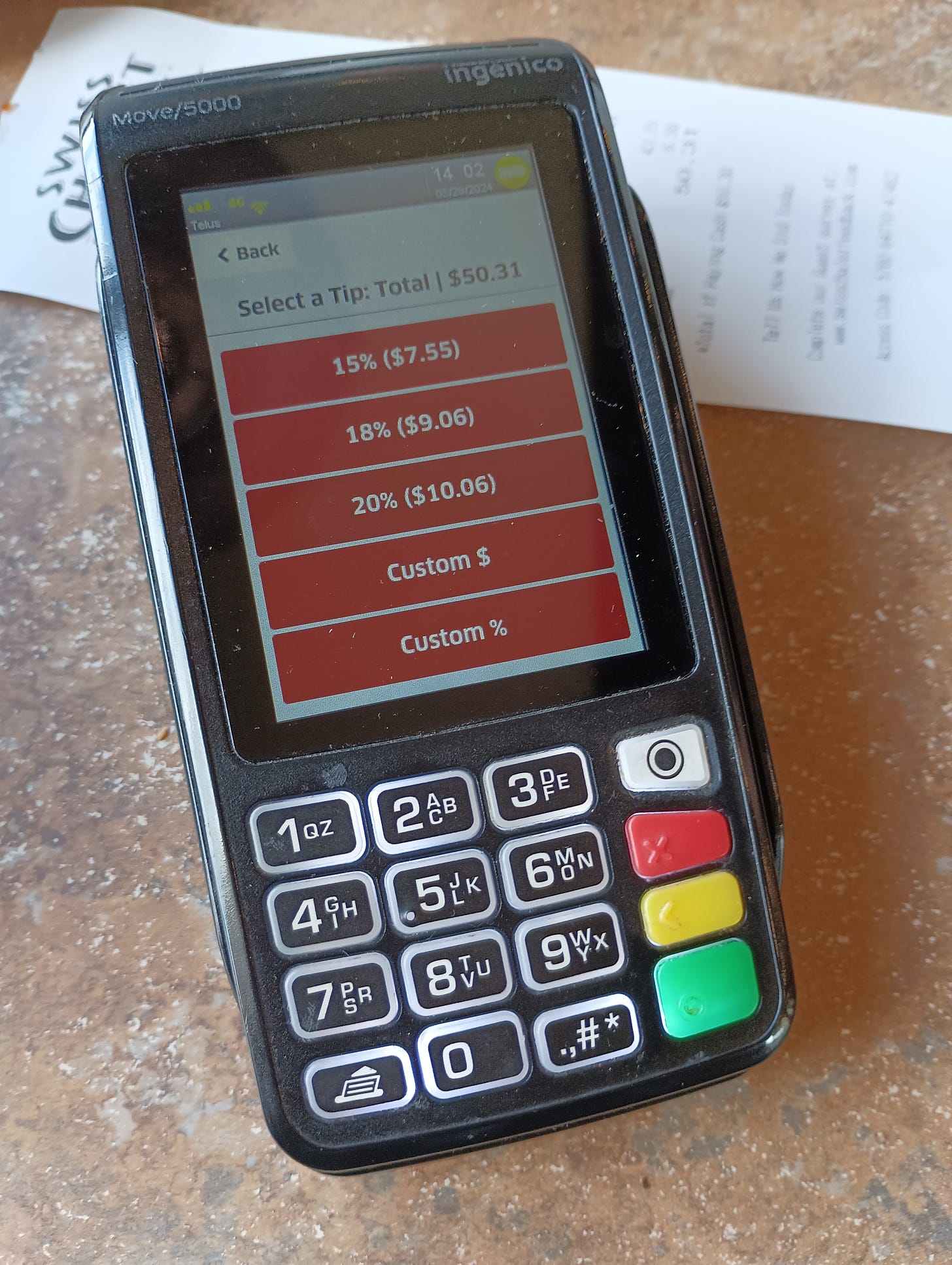 Tip screen on credit card terminal