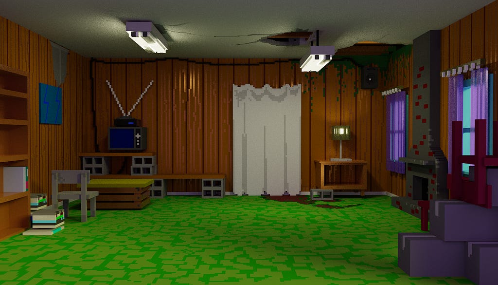 Concept artwork of a dilapidated practice room that an early Blockstar might use.