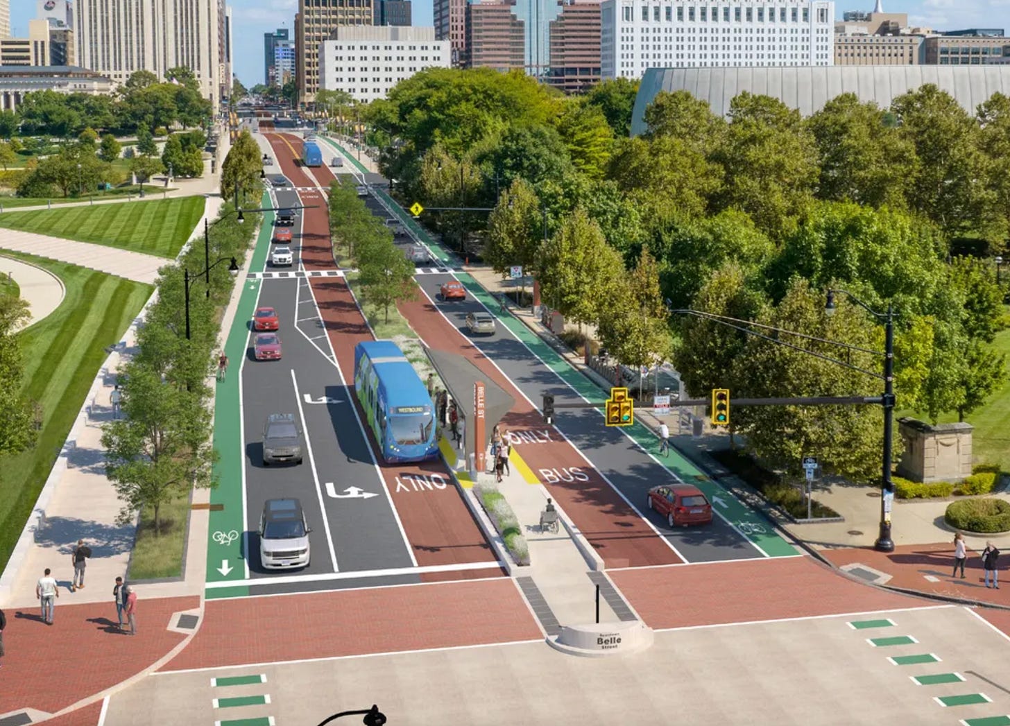 A rendered visualization of a modern urban street with a Bus Rapid Transit (BRT) system running in dedicated red-painted lanes. A blue BRT bus is stopped at a center-platform station labeled 'Belle,' where passengers are boarding. The street features protected green bike lanes, wide sidewalks, pedestrian crossings, and mixed-traffic lanes for cars. The background showcases a city skyline with office buildings, trees, and a landscaped park, emphasizing a multimodal, pedestrian-friendly transportation design