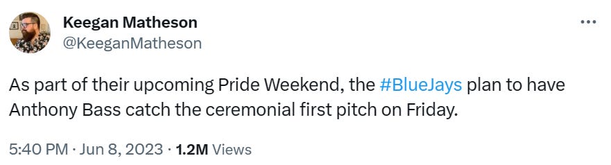 As part of their upcoming Pride Weekend, the #BlueJays plan to have Anthony Bass catch the ceremonial first pitch on Friday.