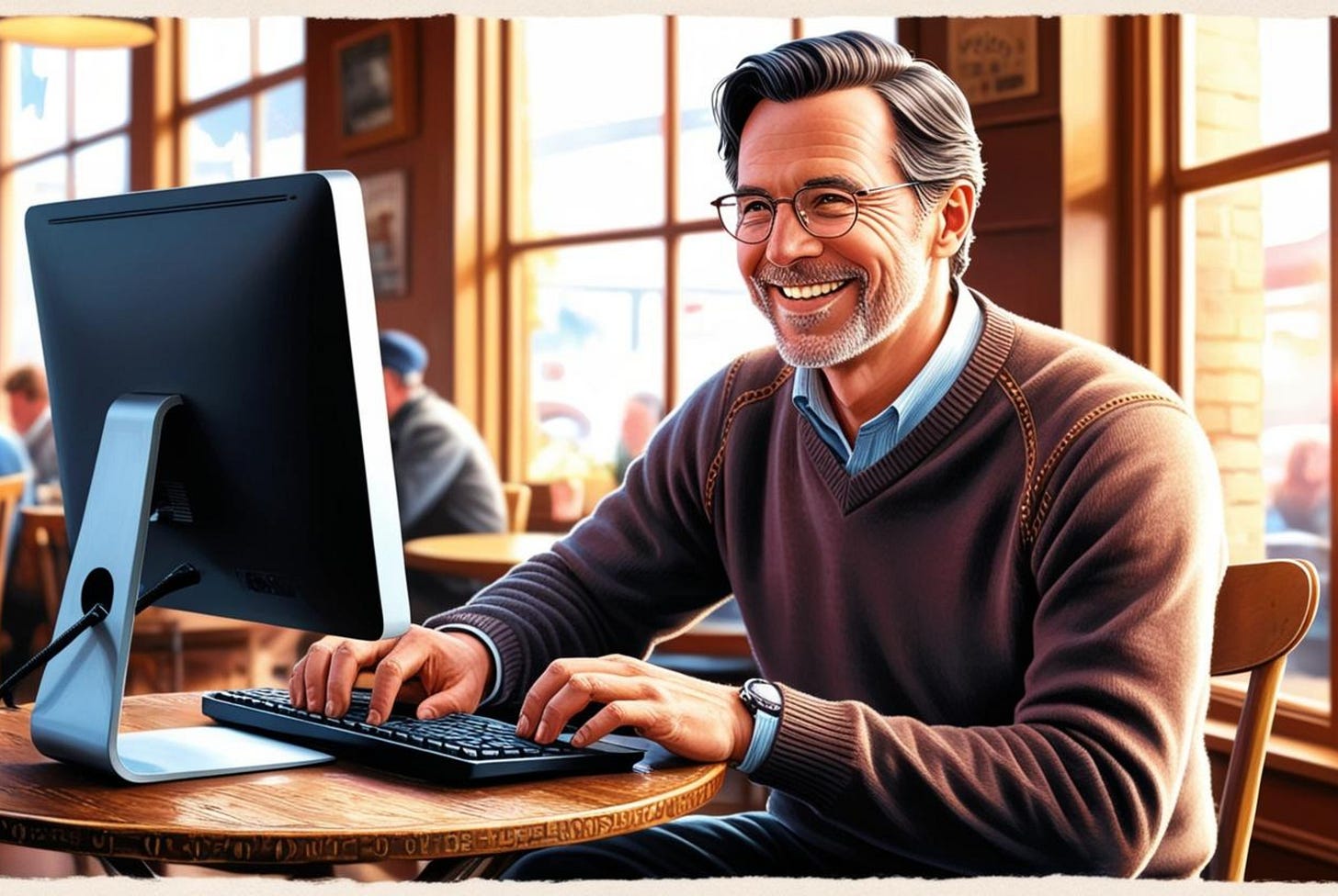 Illustration of a man smiling and typing on a computer keyboard while sitting in a coffee shop