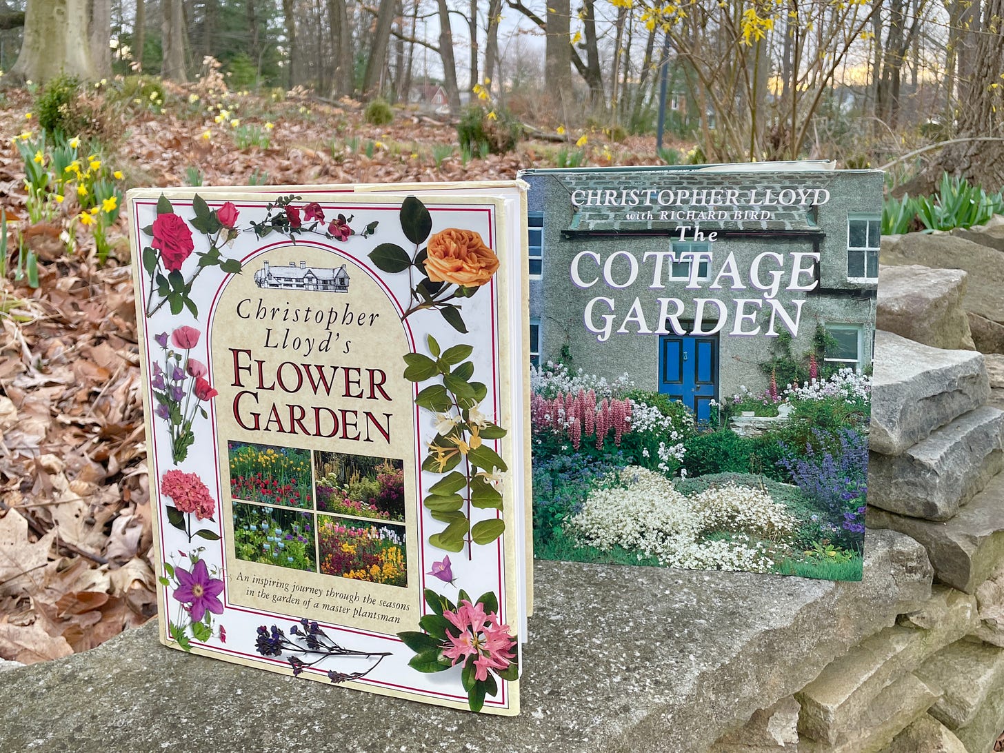 My copies of Christopher Lloyd’s Flower Garden and The Cottage Garden on our stone wall. 
