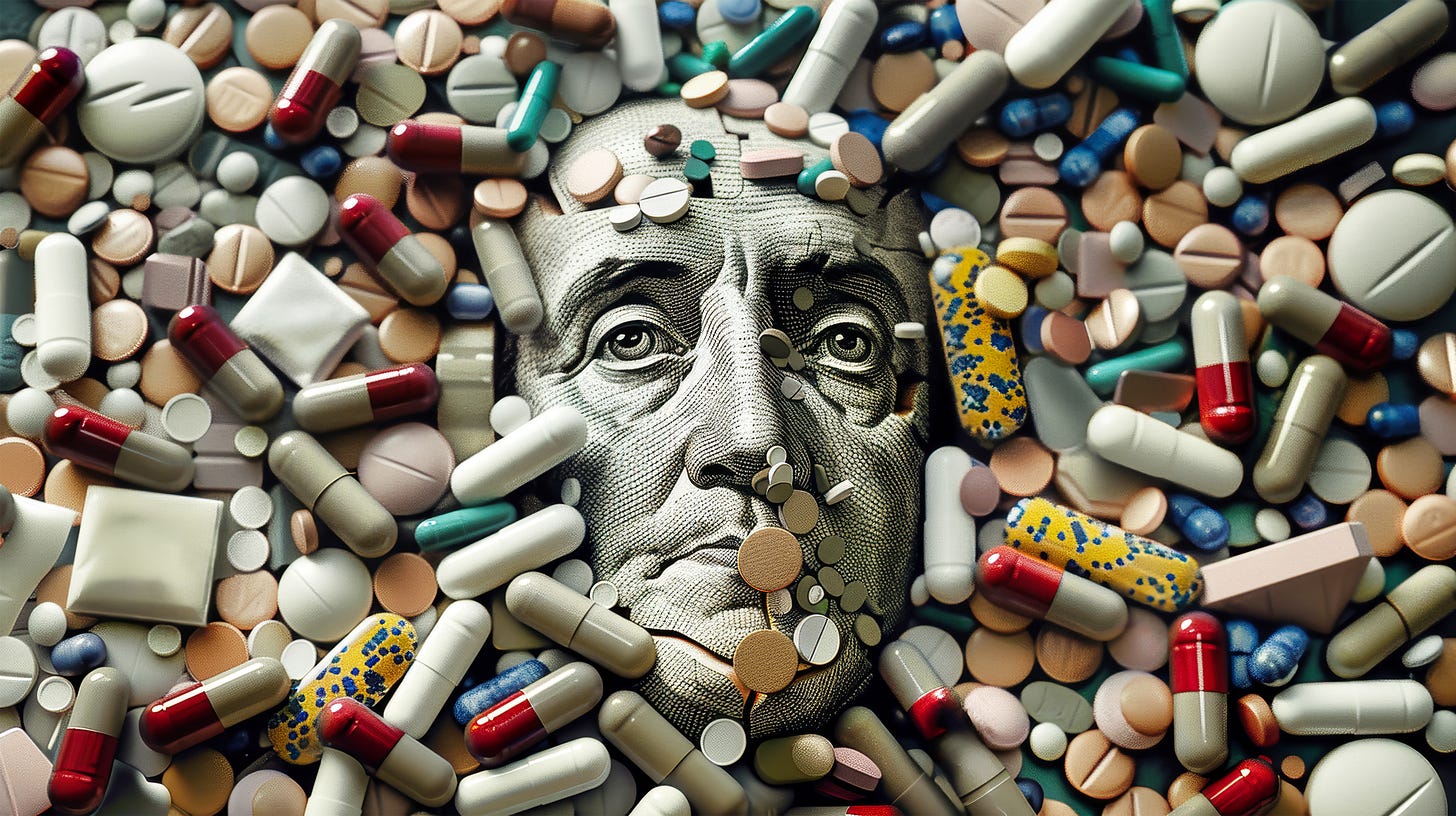 A close-up image of Benjamin Franklins face, obscured by a multitude of pills and capsules, symbolizing the high cost of medication in the United States A close-up image of Benjamin Franklins face, obscured by a multitude of pills and capsules, symbolizing the high cost of medication in the United States