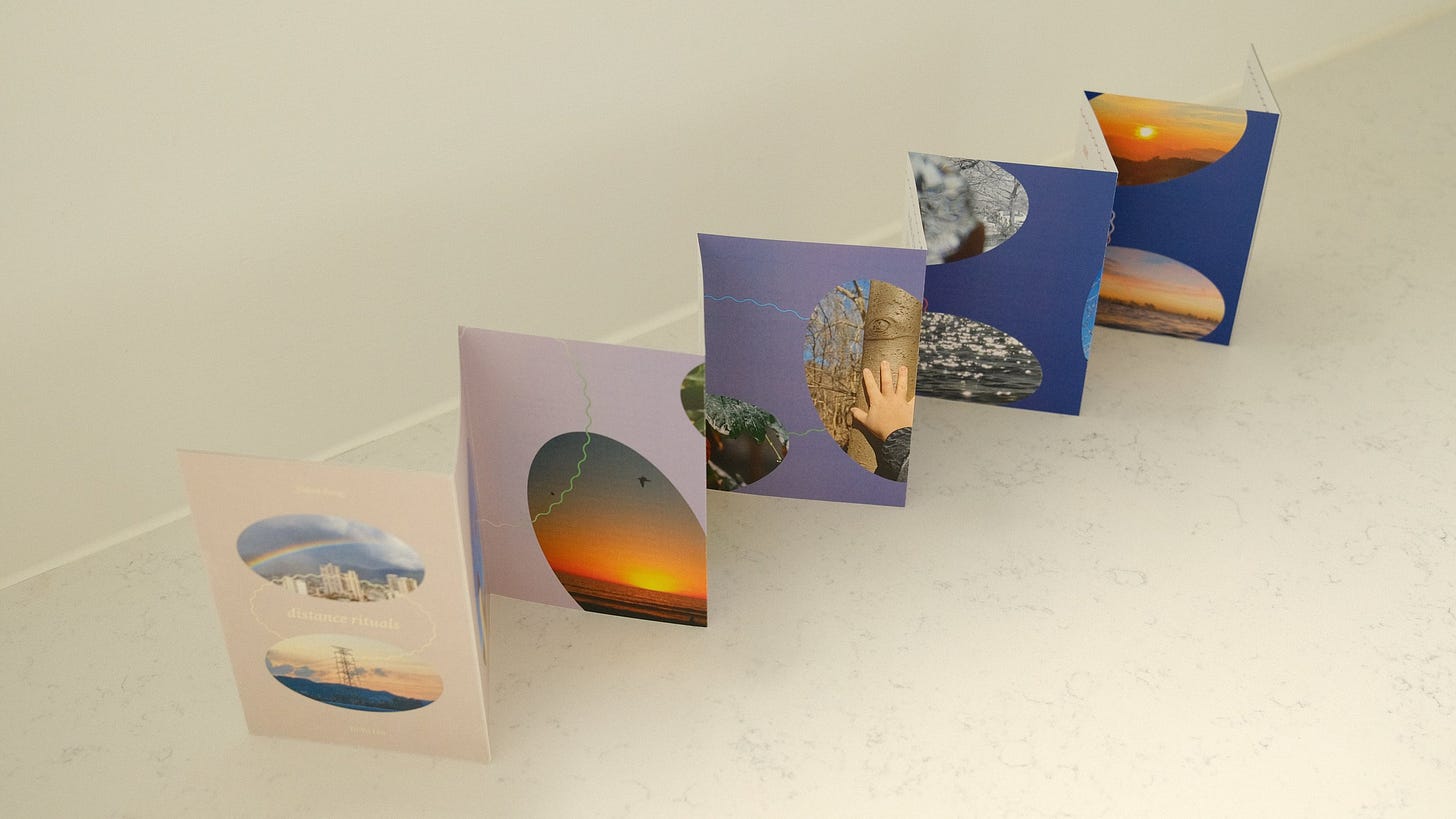 A photo of a zine unfolded to make a zig-zag train of paper, standing on its own. There are various oval images: several sunsets, a hand touching a tree, a rainbow over a city skyline.
