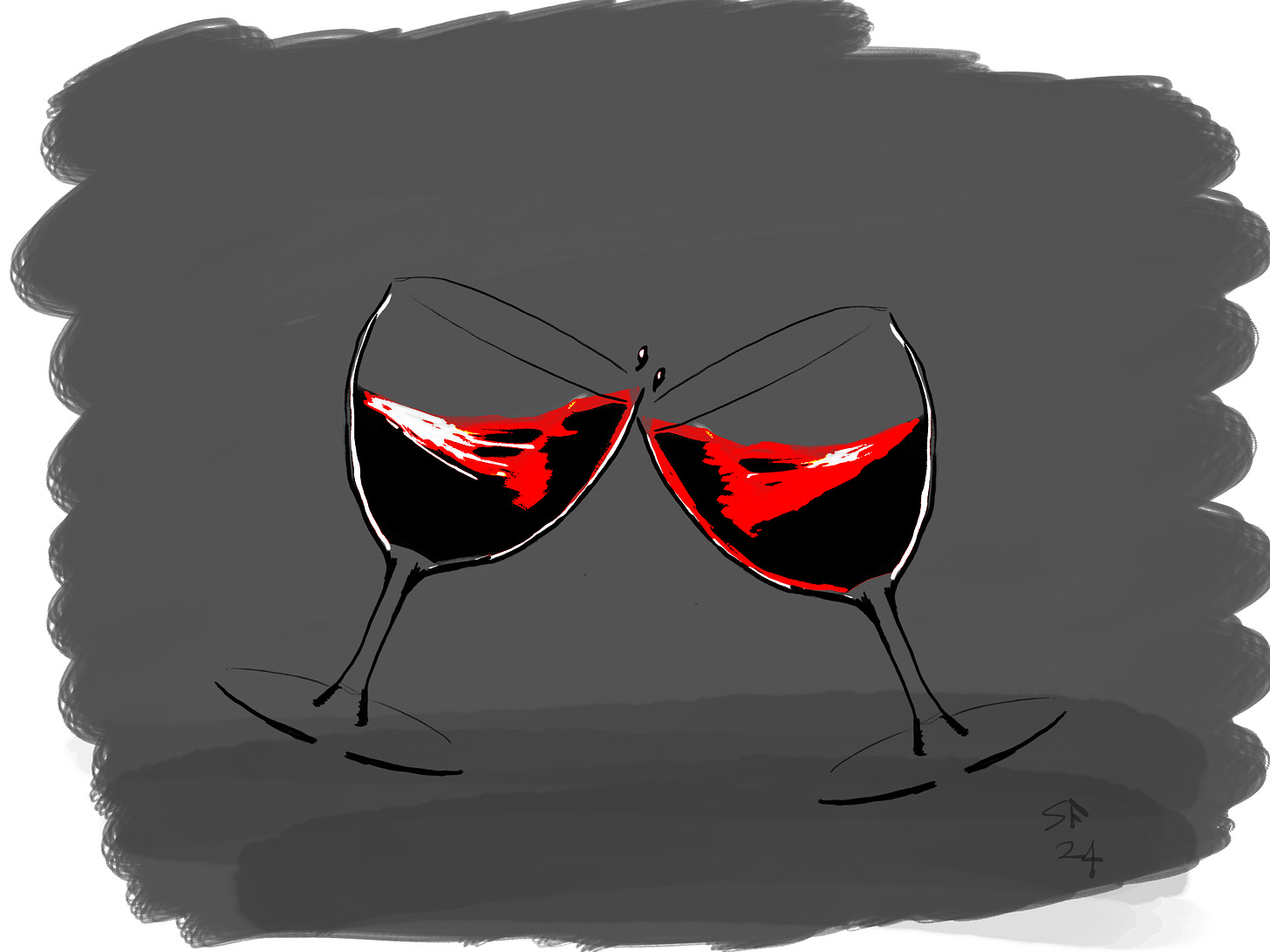 Cartoon: two glasses of red wine clinking together