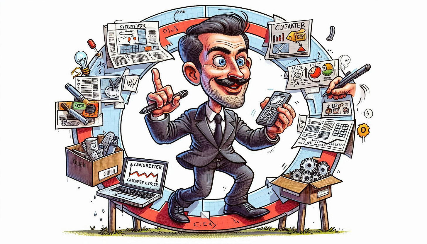 Caricatura satírica. No usar palabras ni números solo imágen. Dibujar un Ciclo Construir–Medir–Aprender de Lean Startup