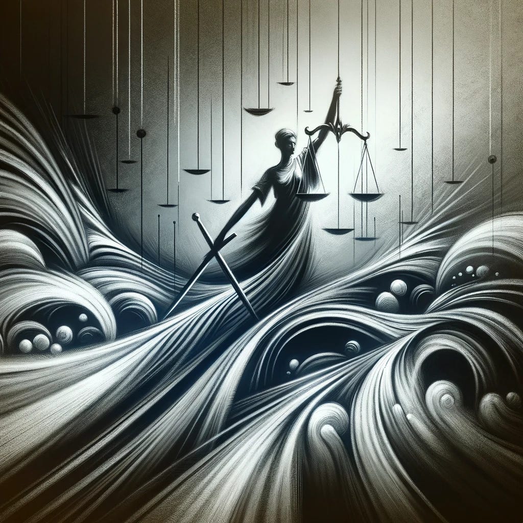 Visualize the court's decision compelling Ripple to disclose its financial records to the SEC, symbolizing the ongoing legal scrutiny within the cryptocurrency industry. Create an abstract, minimalistic charcoal sketch that metaphorically represents the balance of power, the pursuit of transparency, and the regulatory challenges facing digital currencies. Focus on conveying the essence of this legal conflict through dynamic contrasts and fluid forms, suggesting the tension and resolution inherent in the judicial process. Avoid any direct representations, opting instead for a style that emphasizes the stark, evocative interplay between light and dark, capturing the nuanced debate over cryptocurrency regulation and compliance.