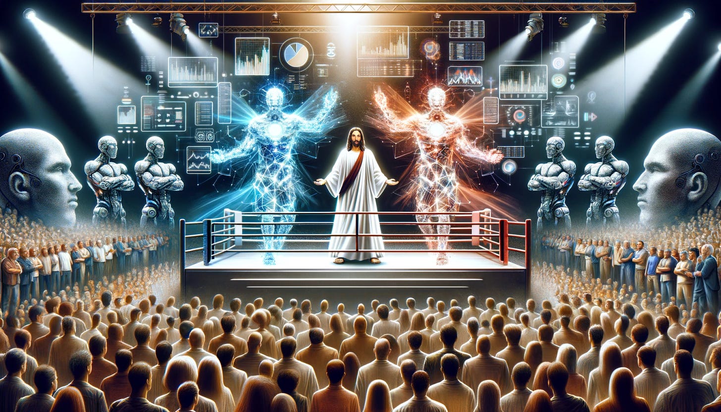 Illustrate an epic scene where Jesus Christ, depicted in a white robe with a serene expression, faces off against abstract representations of technocracy, visualized as robotic figures with screens displaying graphs and codes, in a boxing ring that resembles a setting for a rap battle. The ring is surrounded by a massive crowd, equally divided, with one half cheering fervently for Jesus Christ and the other half supporting the forces of technocracy. The atmosphere is charged with anticipation, and both sides are depicted with dynamic poses, ready for a philosophical debate rather than a physical fight. The crowd is diverse, with some individuals holding signs of support for their side, under a dramatic lighting that highlights the central conflict.