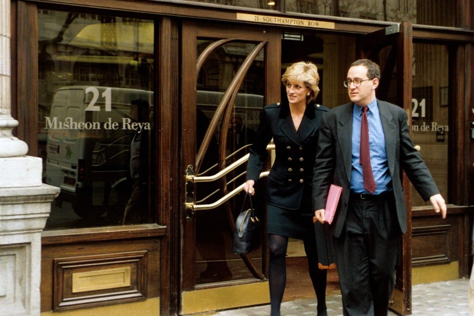 Princess Diana leaving her solicitor's office in London.