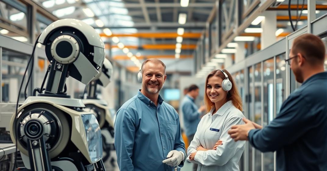 Zwei Mitarbeiter, einer mit Kopfhörern, stehen neben einem Roboter in einer Fabrikhalle, während ein dritter Mitarbeiter zusieht.