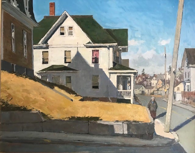 A painting of a street with houses and a person walking

Description automatically generated
