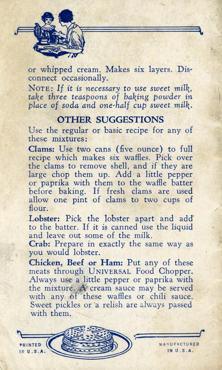 The rear page of an electric waffle iron recipe collection features "other suggestions," including using clams, lobster, crab, and chicken, beef, or ham with waffle mixtures.