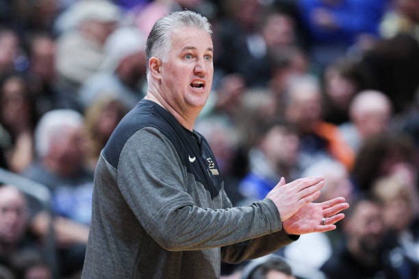 Head coach Matt Painter of the Purdue Boilermakers looks on during the first half of a game against the Fairleigh Dickinson Knights in the first...