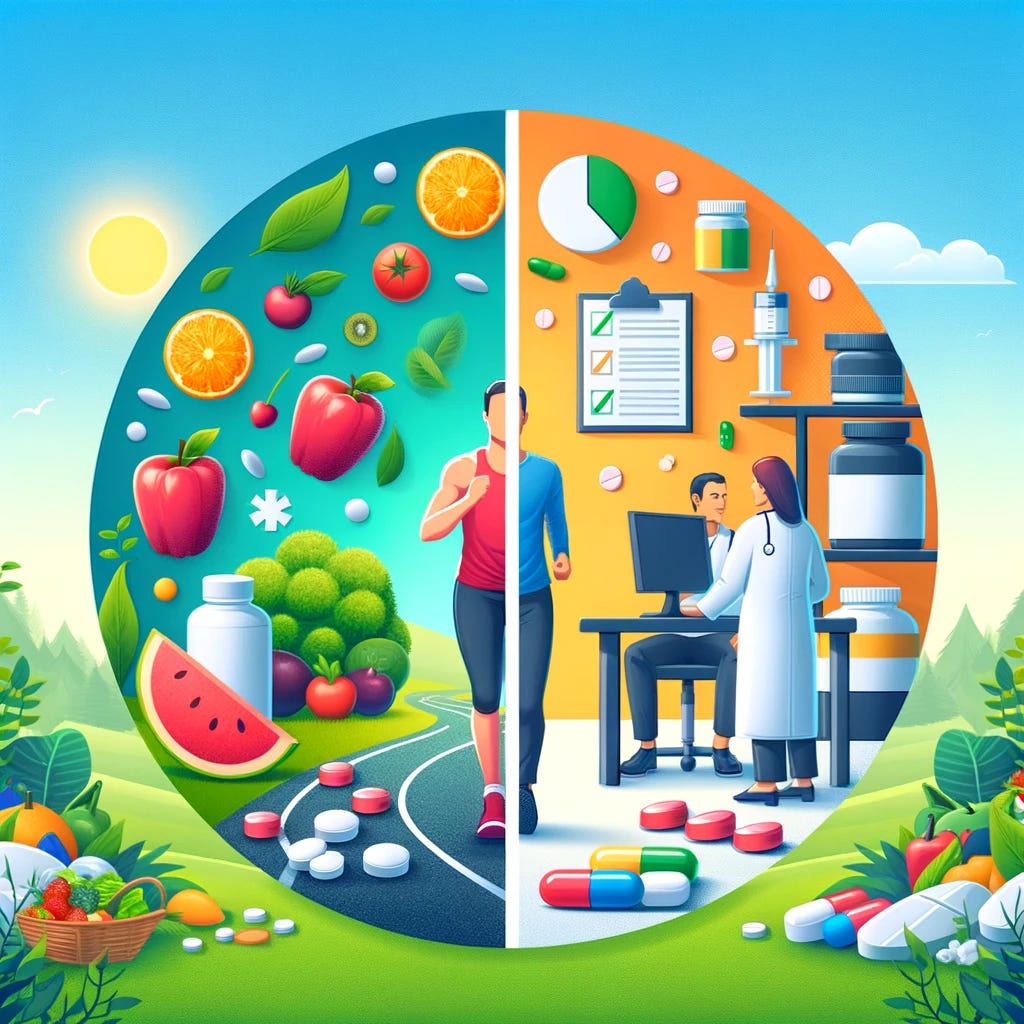 A balanced illustration showing two sides of weight loss approaches. On one side, a vibrant scene of a person jogging in a park, surrounded by nature, with fruits and vegetables in the foreground, symbolizing diet and exercise as a method for weight loss. On the other side, a contrasting image of a person consulting with a healthcare professional in a clinical setting, with a background of medication bottles and pills, representing the medical approach to weight loss through prescription medications. The two scenes are separated by a thin line, indicating that both approaches have their place in weight management, yet they coexist as parts of a comprehensive strategy.