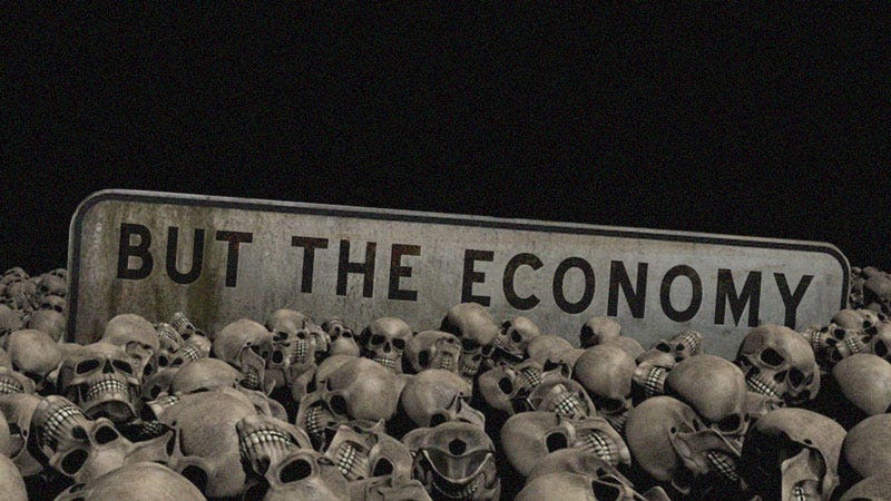 A street sign behind a pile of skulls reads " BUT THE ECONOMY"