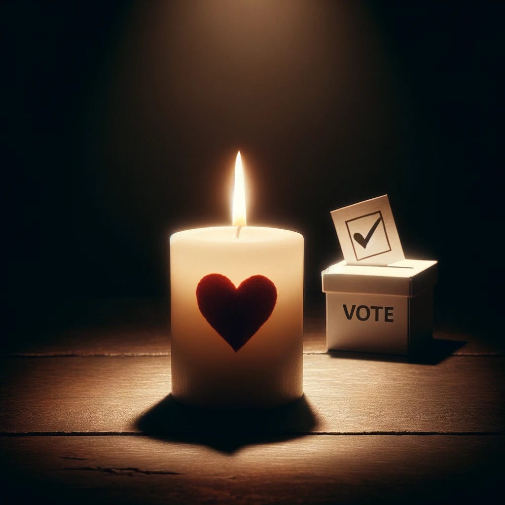 Craft a minimalistic and evocative image that merges the themes of self-sacrificing love with the context of an election. Picture a single luminous candle placed in the foreground, symbolizing the light of love and sacrifice in the darkness. Behind the candle, subtly integrate elements indicative of an election, such as a small ballot box or voting paper with a heart drawn on it, placed to suggest that love is the guiding principle in voting decisions. The composition should convey the idea that, despite the divisiveness of politics, the act of voting can be an expression of love, unity, and allegiance to higher principles, as taught by Jesus. The scene should be simple yet profound, with the candle's glow casting light on the election elements, emphasizing that even in the realm of politics, love is the most powerful force.