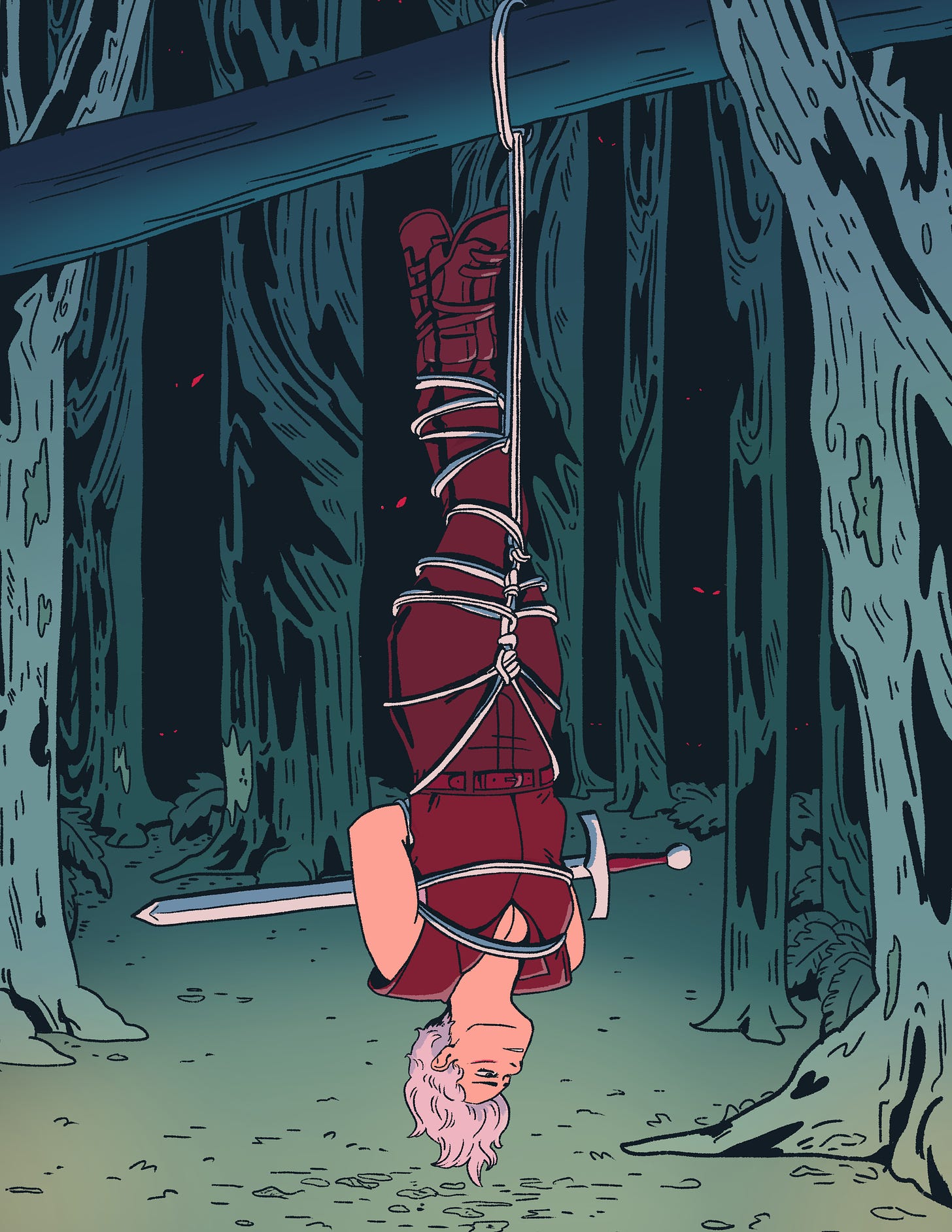 Illustration: a butch woman tied up in rope hangs upside down in a spooky forest