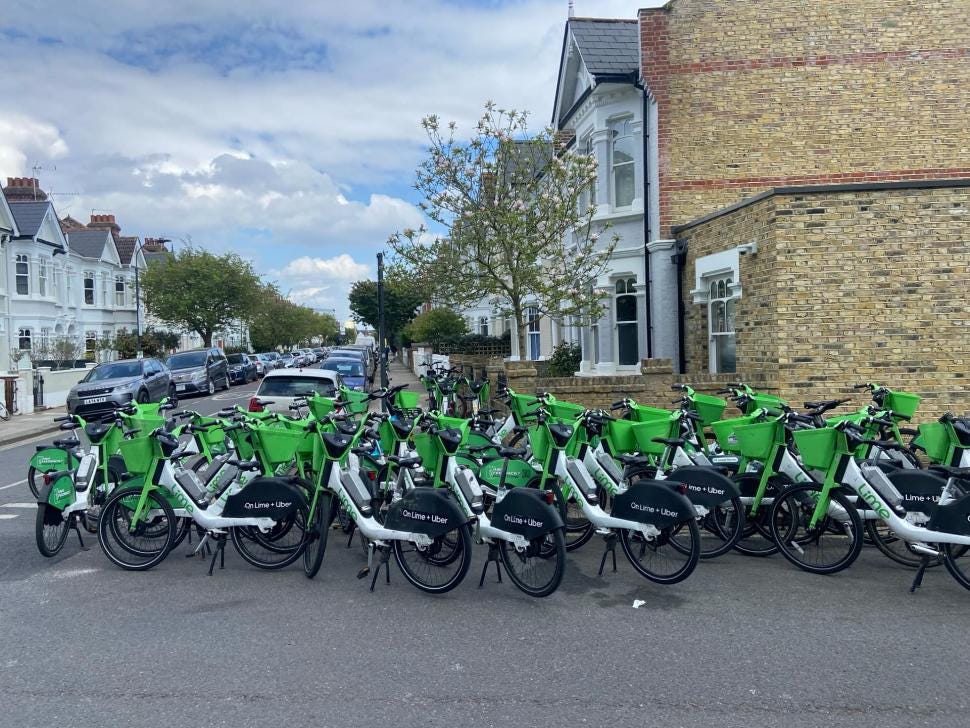 Lime bikes parked on street during Boat Race (Rob Waller)