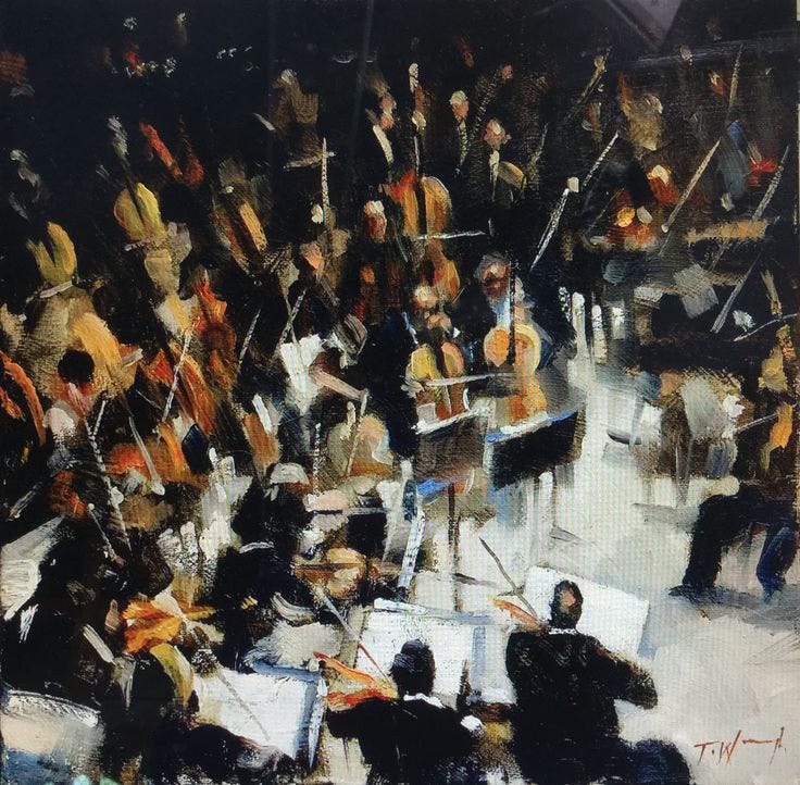 A dynamic, impressionistic painting of an orchestra in performance. Musicians, including violinists and cellists, are shown in swift, bold brushstrokes, creating a sense of movement and energy. The dark background contrasts with the lighter stage, focusing attention on the musicians.