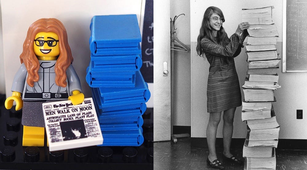 Mockup of the new LEGO minifig of computer scientist Margaret Hamilton (Maia Weinstock/Flickr) and the real-life Hamilton standing next to the navigation software she and her team at MIT produced for NASA's Apollo project in 1969 (Draper Laboratory/Wikipedia)