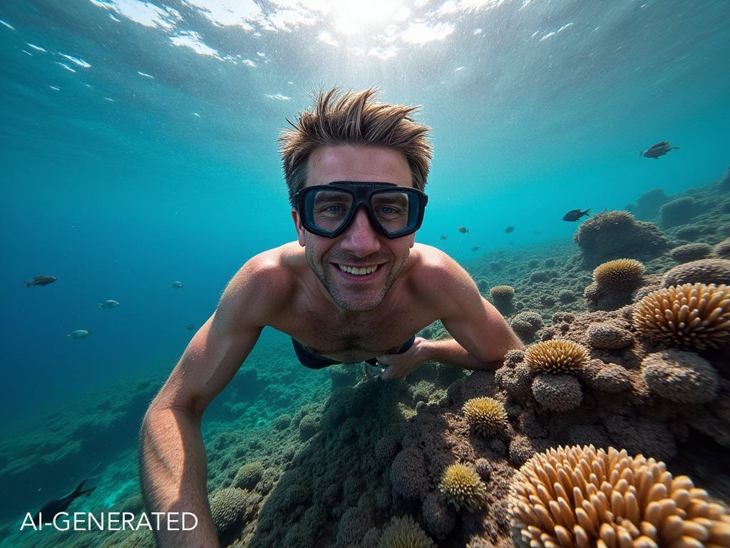 AI-generated image of Dan Taylor-Watt snorkelling at The Great Barrier Reef