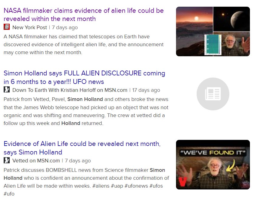 Screen shot of various headlines about the "evidence of alien life" as listed on Google News. 