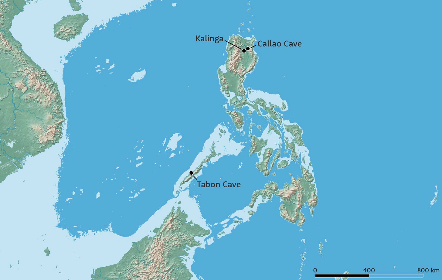 Map of the Philippines and surrounding area, showing locations of Kalinga and Callao Cave on Luzon, and Tabon Cave on Palawan Map of the Philippines and surrounding area, showing locations of Kalinga and Callao Cave on Luzon, and Tabon Cave on Palawan