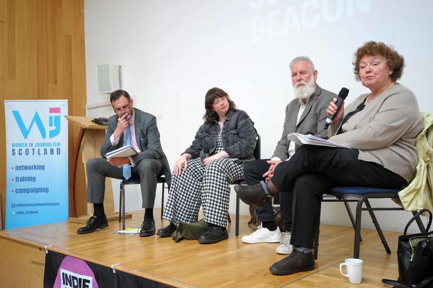 Far left: Chair Nick McGowan-Lowe, Rachel Hamada, Richard Walker, Far left: Joyce McMillan. Photo by Iain McLellan.
