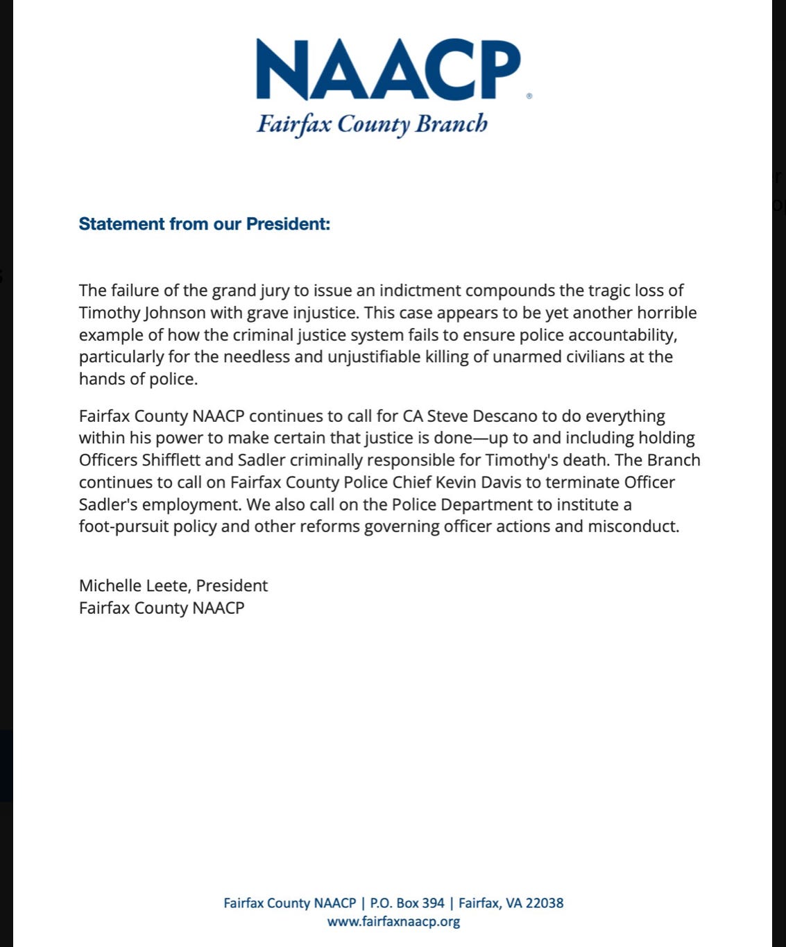 Statement on Timothy Johnson by NAACP