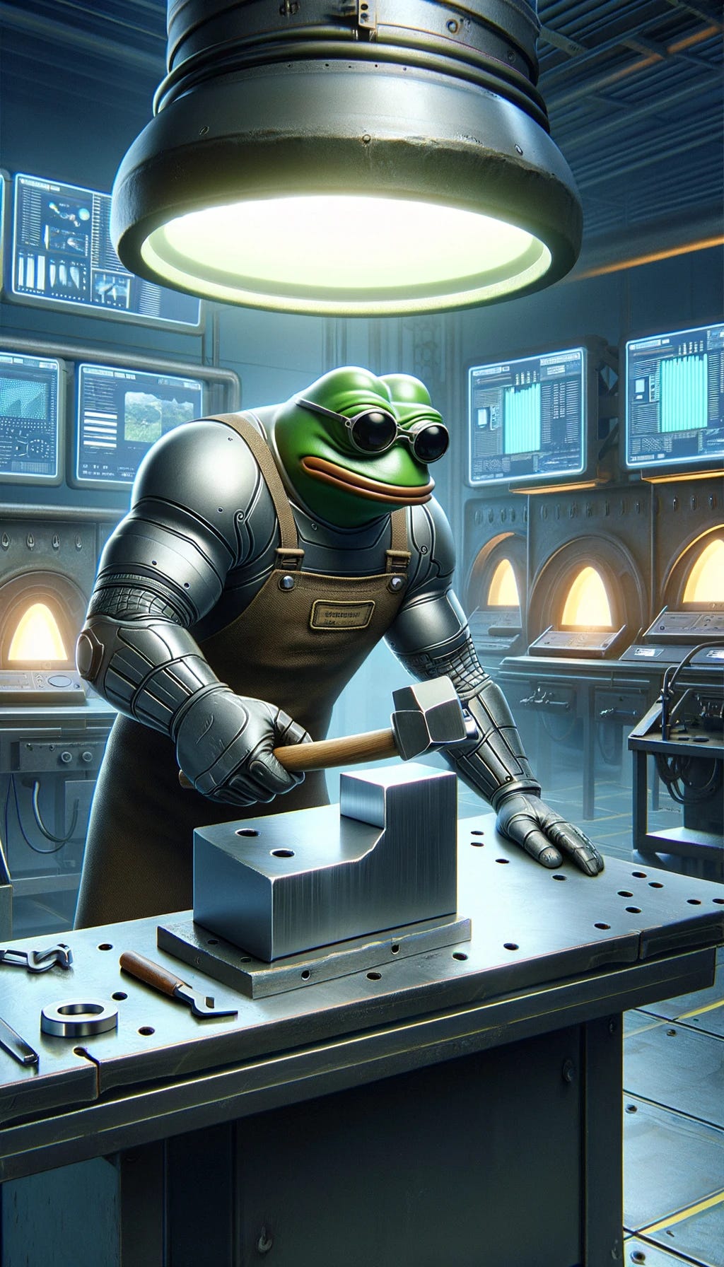 A futuristic blacksmith depicted as a cartoon frog character, resembling the style of classic internet meme characters, hammering a small steel plate the size of a metallic credit card. The scene is set in a modern forge with high-tech elements, including multiple computer screens displaying digital readouts. The frog character is strong and muscular, wearing advanced protective gear. The forge environment features soft blue and green lights, enhancing the futuristic ambiance.