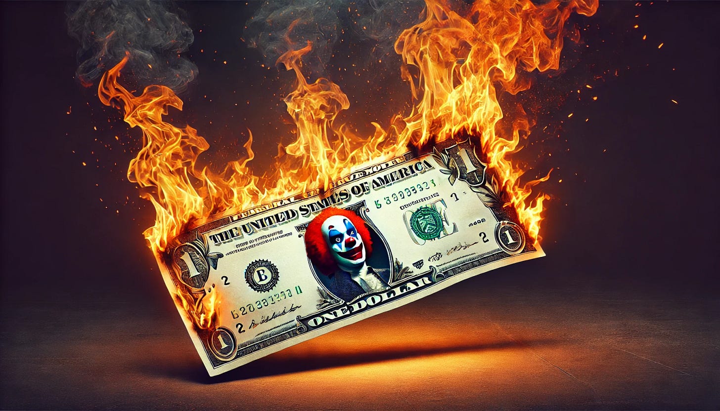 A wide banner image of a dollar bill on fire, with intense and dramatic flames consuming the bill. The background should be simple and dark to emphasize the burning dollar. The image should feature a clown face replacing the image of the president on the dollar bill. The flames should be vivid and dynamic, giving a sense of urgency and intensity. The image should convey the idea of the dollar losing value or being destroyed in a powerful and striking manner.