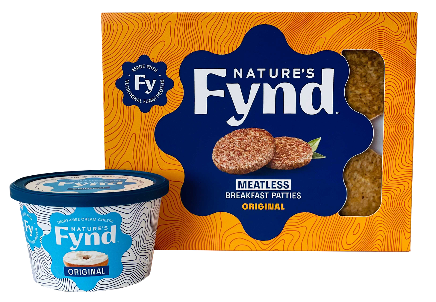 Box of meatless patties, and a container of cream cheese.