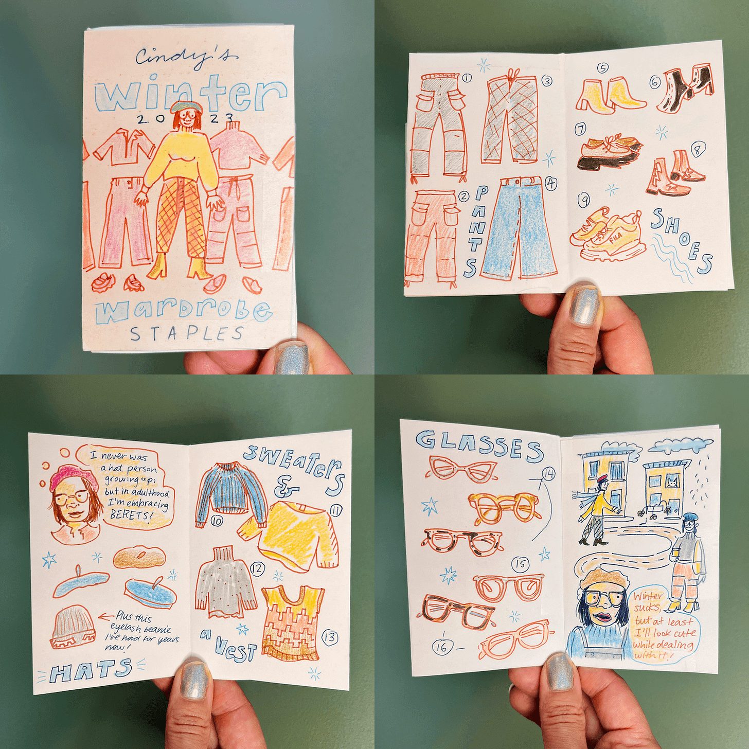 Four photos of an 8-page mini-zine featuring winter wardrobe stapes like cargo pants, beloved metallic boots, berets, and many pairs of glasses.