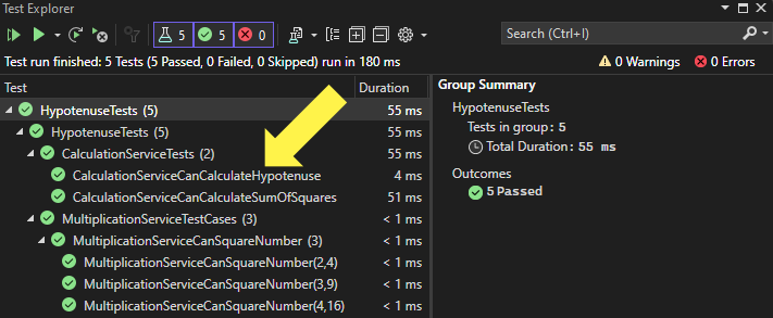 The Visual Studio Test Explorer showing all tests have passed