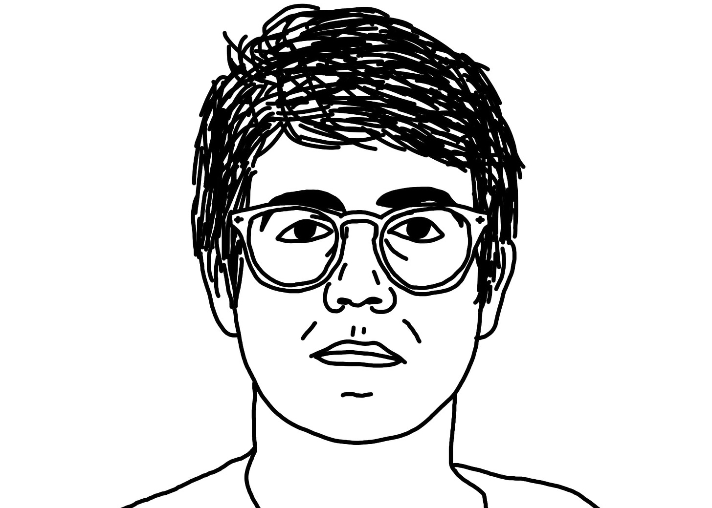 A black-on-white line drawing of Alex Porter, the protagonist of "I Hear You Watching." He’s a white guy in his late twenties, short messy parted hair, glasses. He stares straight at you, unsmiling.