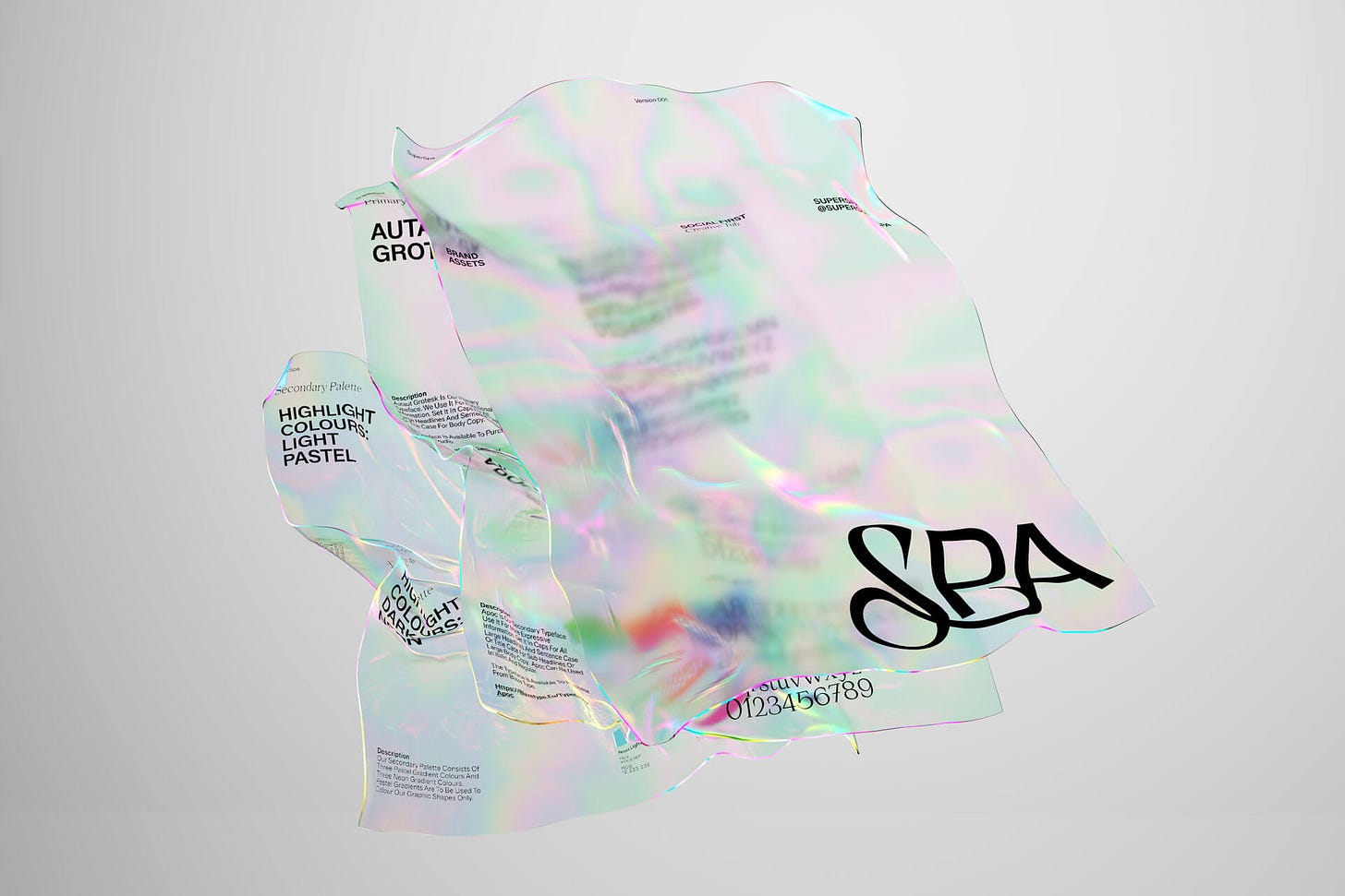 Sheets of Super Spa graphic assets in transparent iridescent finish floating in mid air.