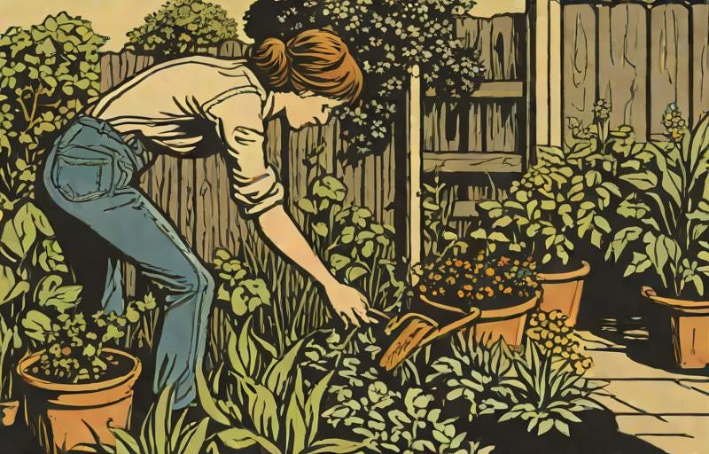 a woodcut of a woman in jeans gardening in  a  very small garden 