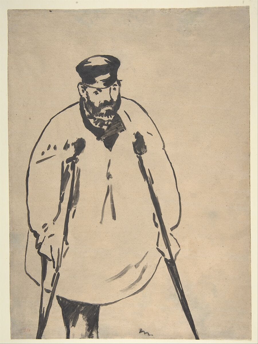 A Man on Crutches, Edouard Manet (French, Paris 1832–1883 Paris), Brush and lithographic ink on transfer paper 