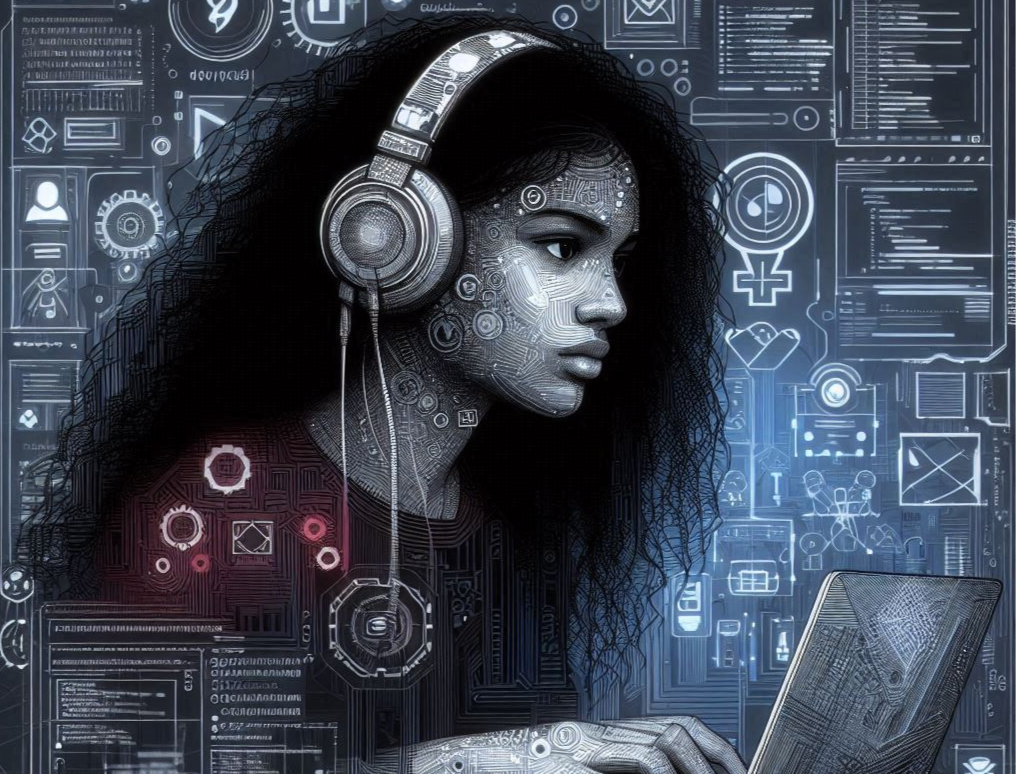 A imagem mostra a figura de uma jovem, de cabelos longos e crespos, mexendo em um laptop, com grandes fones de ouvidos, séria e focada em algo à sua frente, provavelmente uma tela. Detalhes como símbolos e esboços de telas com linhas de código sobrepõem-se e ilustram o fundo da cena. A imagem mostra a figura de uma jovem, de cabelos longos e crespos, mexendo em um laptop, com grandes fones de ouvidos, séria e focada em algo à sua frente, provavelmente uma tela. Detalhes como símbolos e esboços de telas com linhas de código sobrepõem-se e ilustram o fundo da cena.