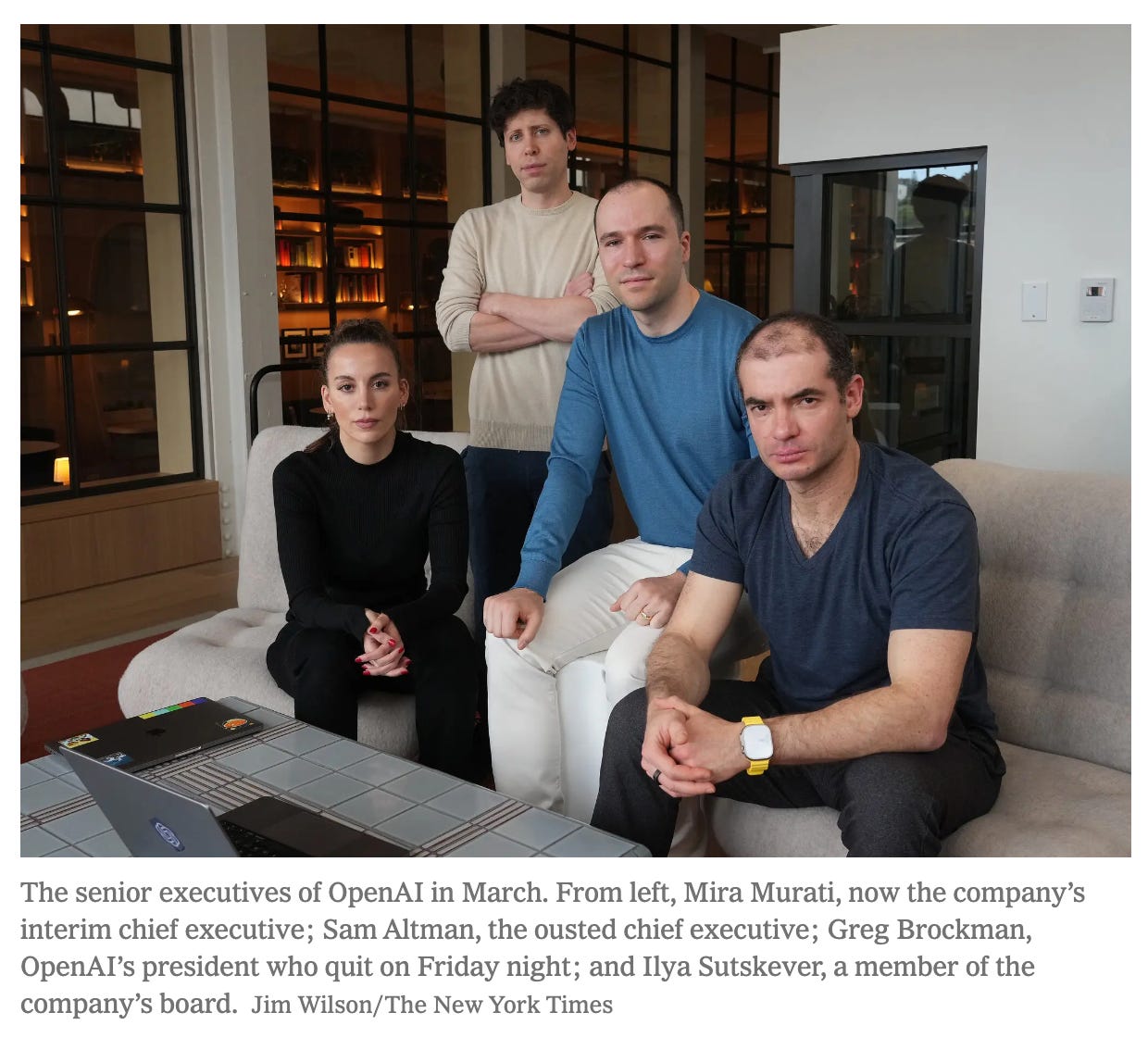 The senior executives of OpenAI in March. From left, Mira Murati, now the company’s interim chief executive; Sam Altman, the ousted chief executive; Greg Brockman, OpenAI’s president who quit on Friday night; and Ilya Sutskever, a member of the company’s board.