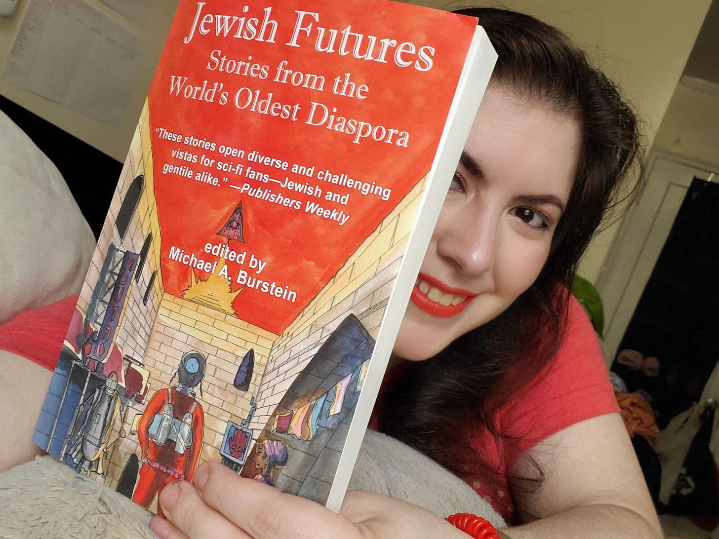 May be an image of 1 person and text that says 'Stories Jewish Futures World's Oldest Diaspora from the These stories open diverse and gentile vistas for alike. sci-fi Publishers fans-Jewish Jewish Weekly challenging and Michael A. edited by Burstein'