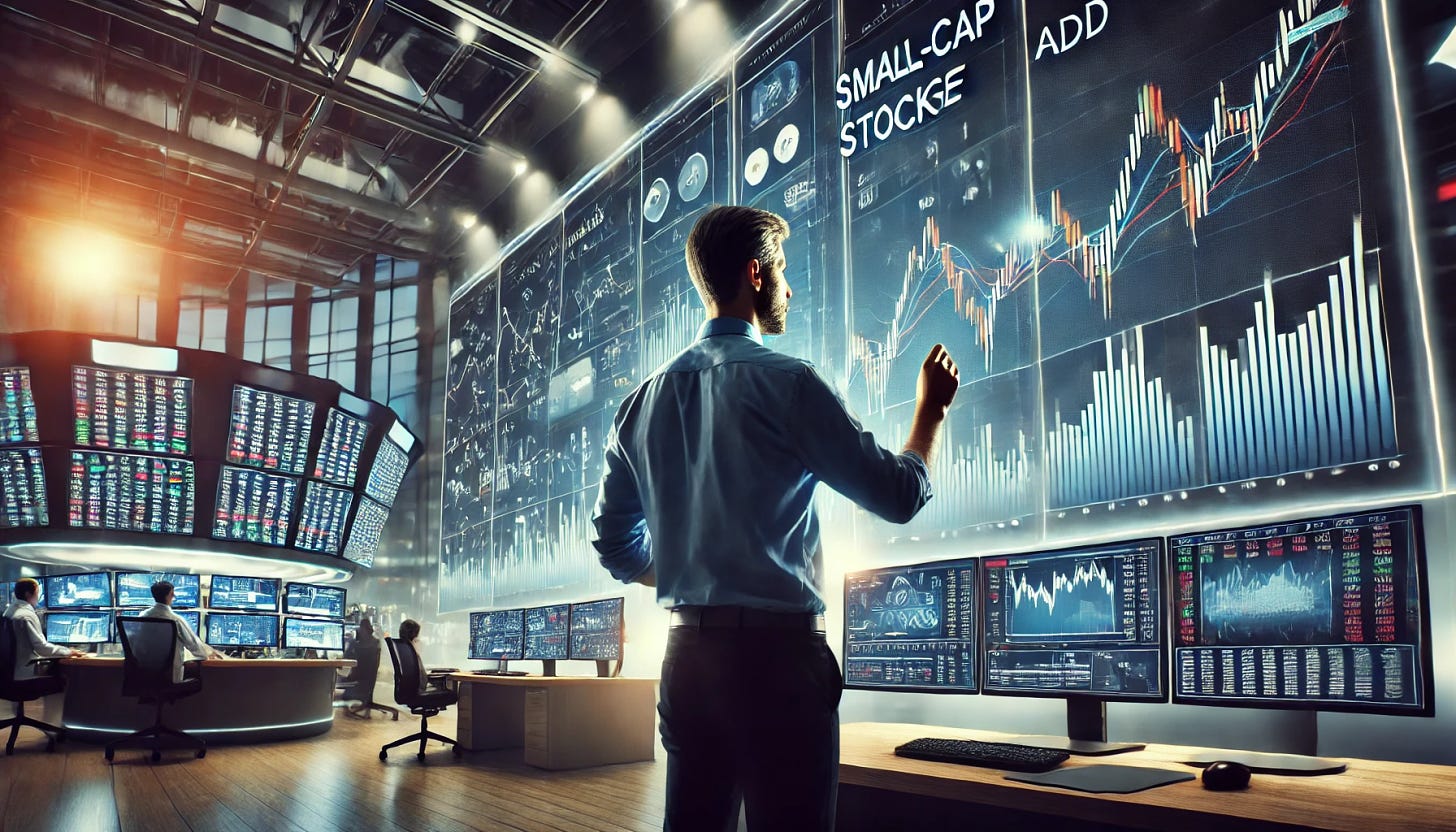 A stock trader in a modern office, surrounded by screens displaying stock market charts. The trader is highlighting small-cap stocks on one of the screens. In the background, a large screen shows a graph indicating a downward trend in interest rates. The atmosphere is professional, with a mix of digital charts and financial news tickers. The trader is focused and engaged, symbolizing the strategic decision to add small-cap exposure. The overall setting should be dynamic and bustling, capturing the essence of the stock trading environment.