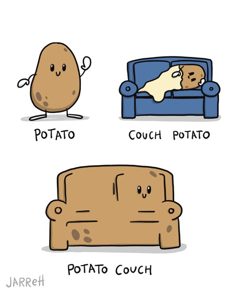 A smiling waving potato is labeled “POTATO.” A couch potato laying on a blue sofa with a blanket on it is labeled “COUCH POTATO.” A couch that is brown with spots like a potato is labeled “POTATO COUCH.”