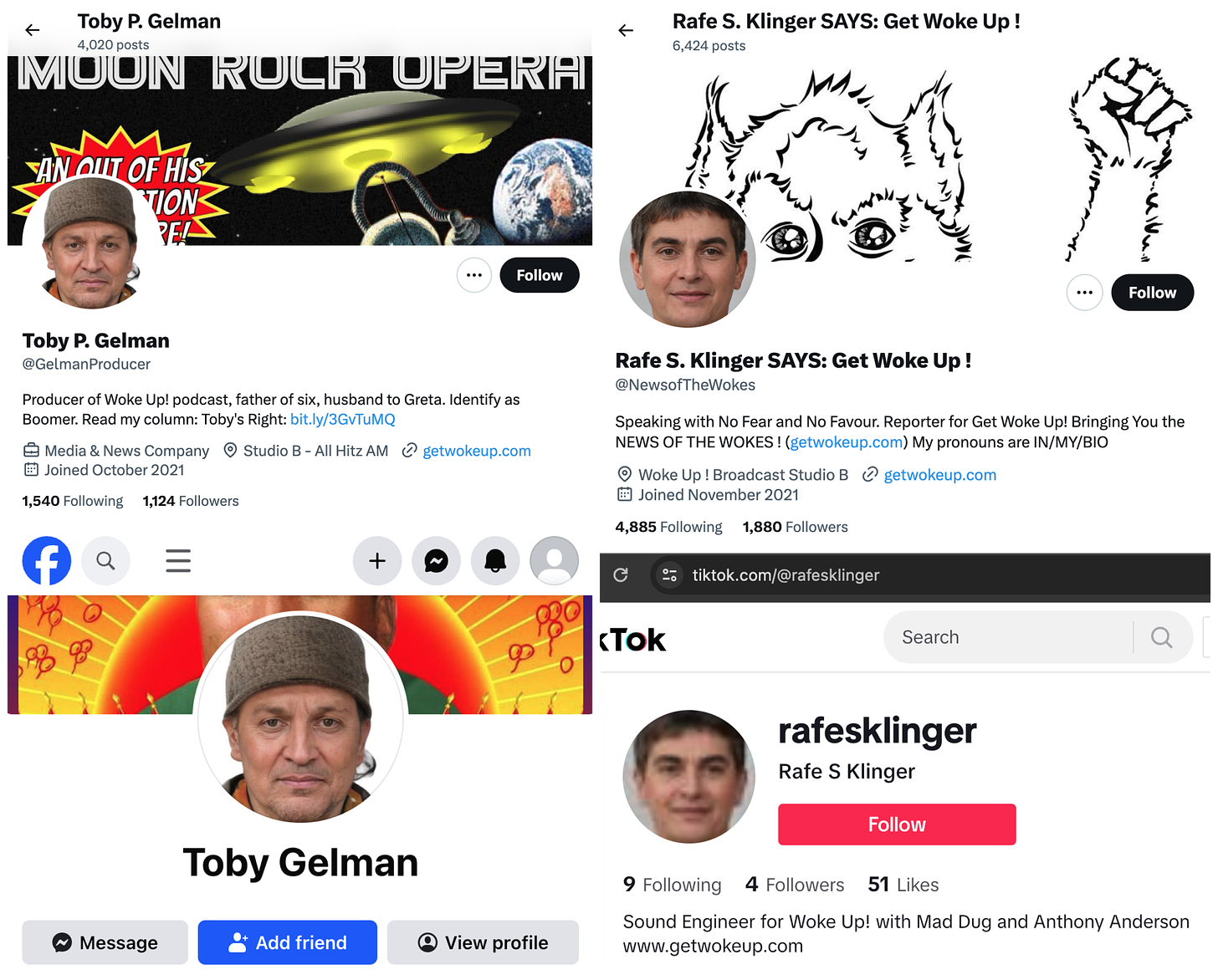screenshots of the X and Facebook profiles for Toby P. Gelman and the X and Tiktok profiles for Rafe S. Klinger, which feature the same GAN-generated faces as the author pages on getwokeup.com